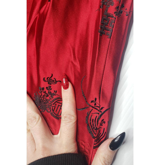 Vintage Red Satin Embroidered Asian Cheongsam Black Curly Lamb Short Coat Small - Picture 5 of 10